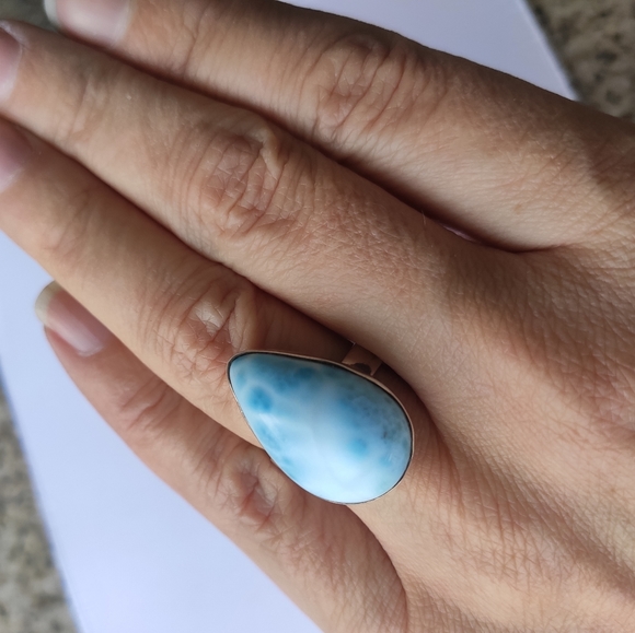 Solid Sterling Silver Pear Larimar Ring Sz 7.75 - Picture 8 of 14